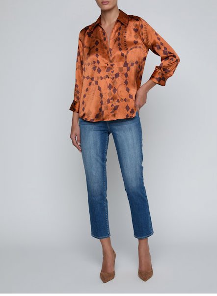Dani Silk Blouse Amber Brown Playing Card Geo Tops - Button Down L'Agence 