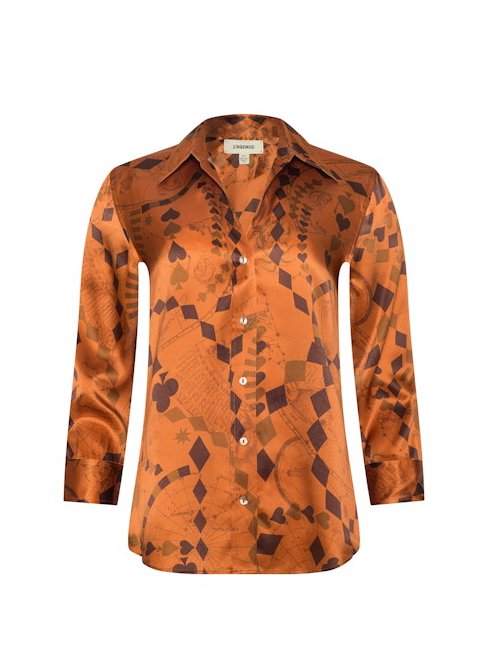 Dani Silk Blouse Amber Brown Playing Card Geo Tops - Button Down L'Agence 