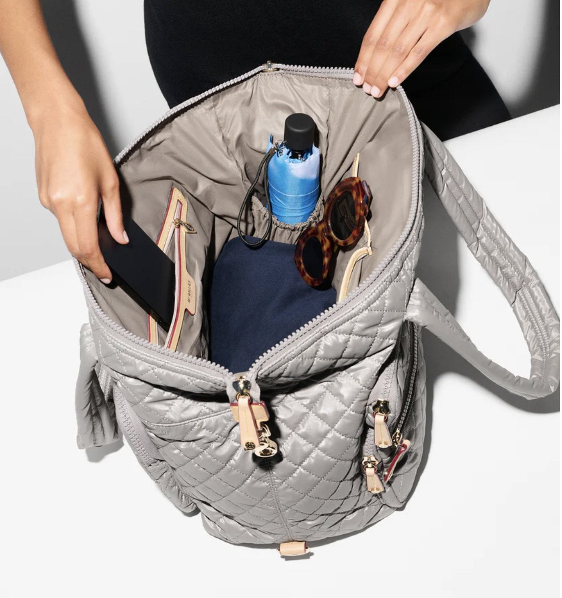 Large Sutton Deluxe Travel Sable Pearl Metallic Tote & Satchel MZ Wallace 