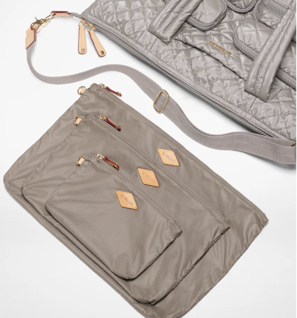 Large Sutton Deluxe Travel Sable Pearl Metallic Tote & Satchel MZ Wallace 