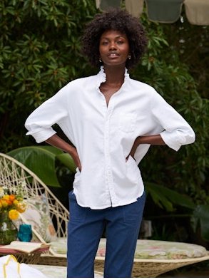 Eileen Ruffle Button Down Shirt White Denim Tops - Button Down Frank & Eileen 