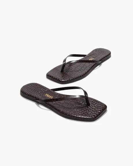 Square Toe Lily Flip Flops Carob Croc Sandals - Flip Flops Tkees 