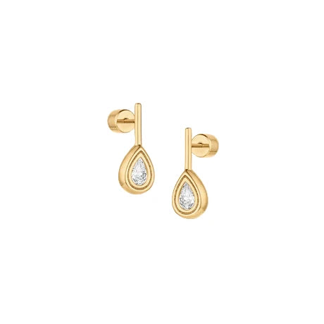 Gold teardrop earrings with clear gemstones on a white background