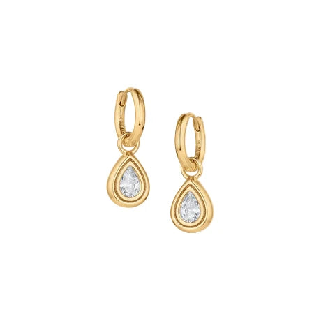 Gold teardrop earrings with clear gemstones on a white background