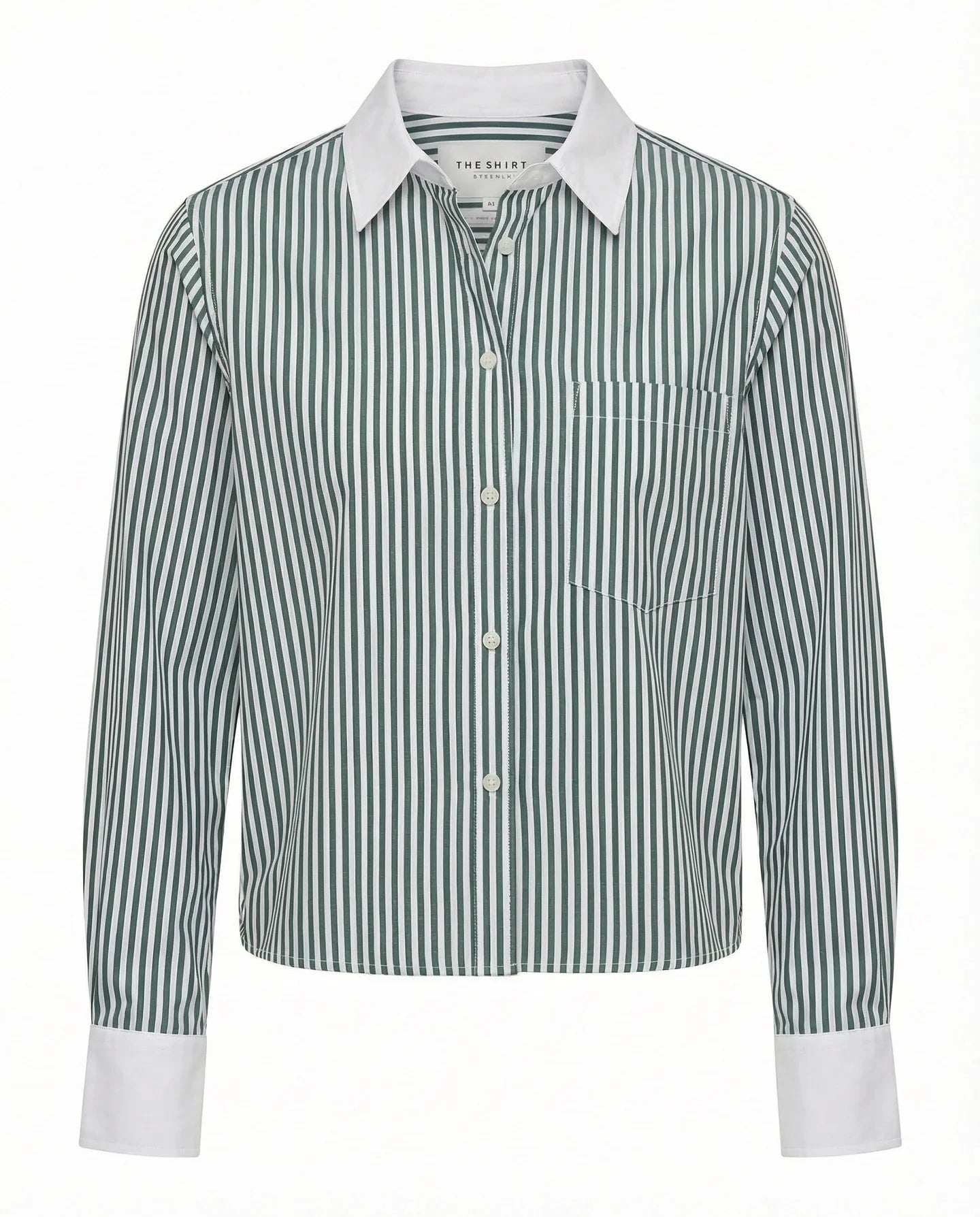 The Long Sleeve Boxy Crop Hunter Stripe/White Collar Tops - Button Down The Shirt 