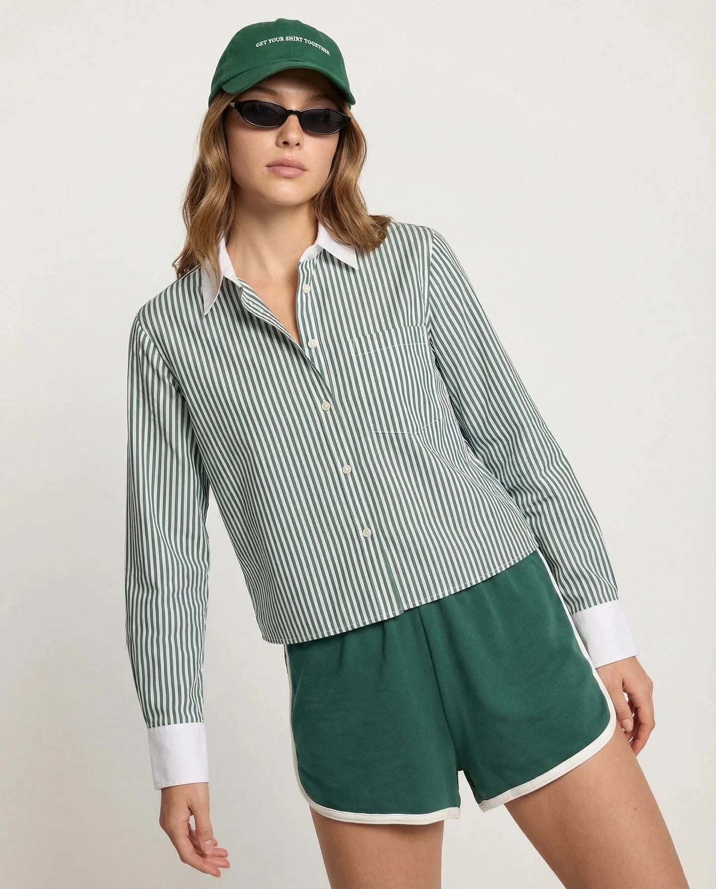 The Long Sleeve Boxy Crop Hunter Stripe/White Collar Tops - Button Down The Shirt 