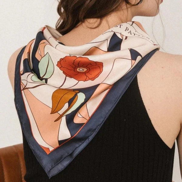 Camellia Silk Bandana Scarf Dark Blue Scarves Lost Pattern NYC 