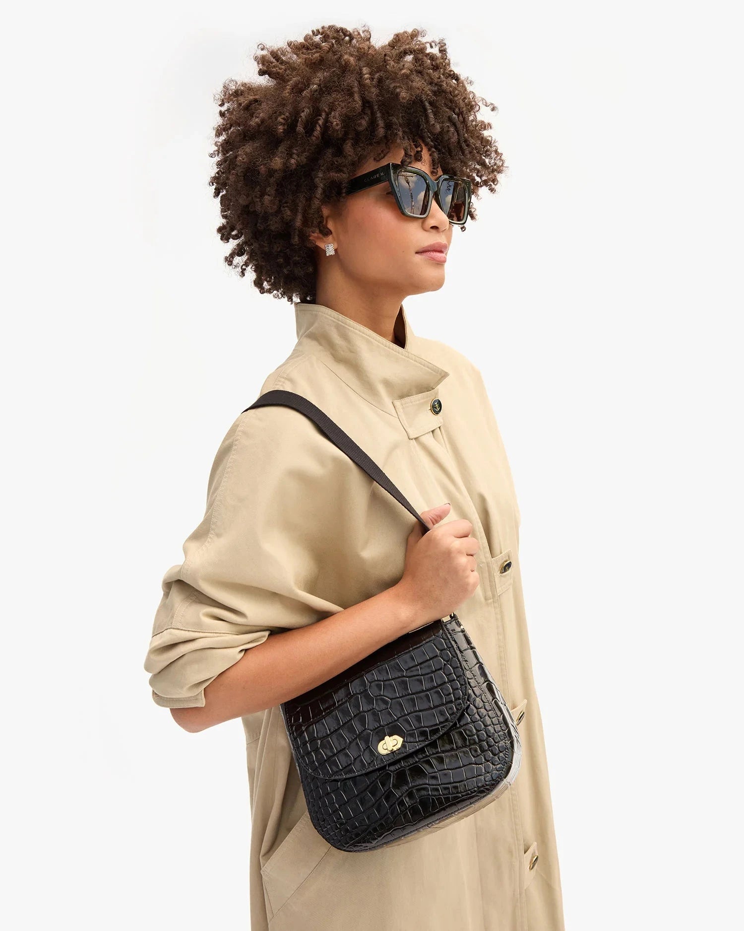 Turnlock Louis With Top Handle Black Croco Hobo & Shoulder Clare V. 