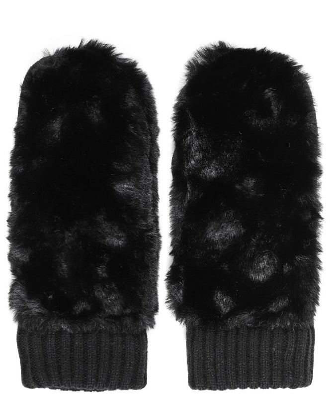 Pair of black mittens with fuzzy cuffs on a white background