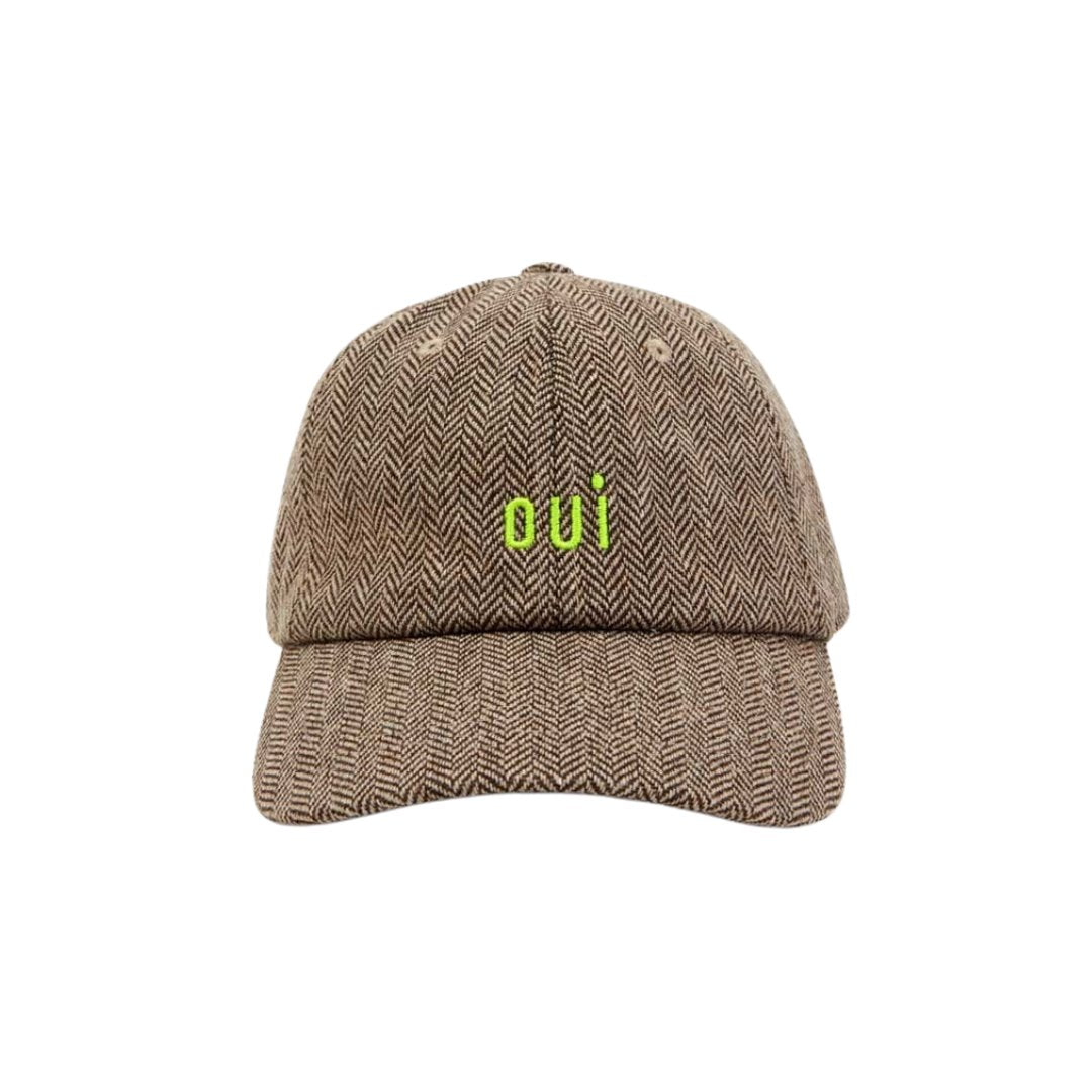 Wool Baseball Hat Taupe w/ Neon Yellow Embroidered Oui Hats Clare V. 