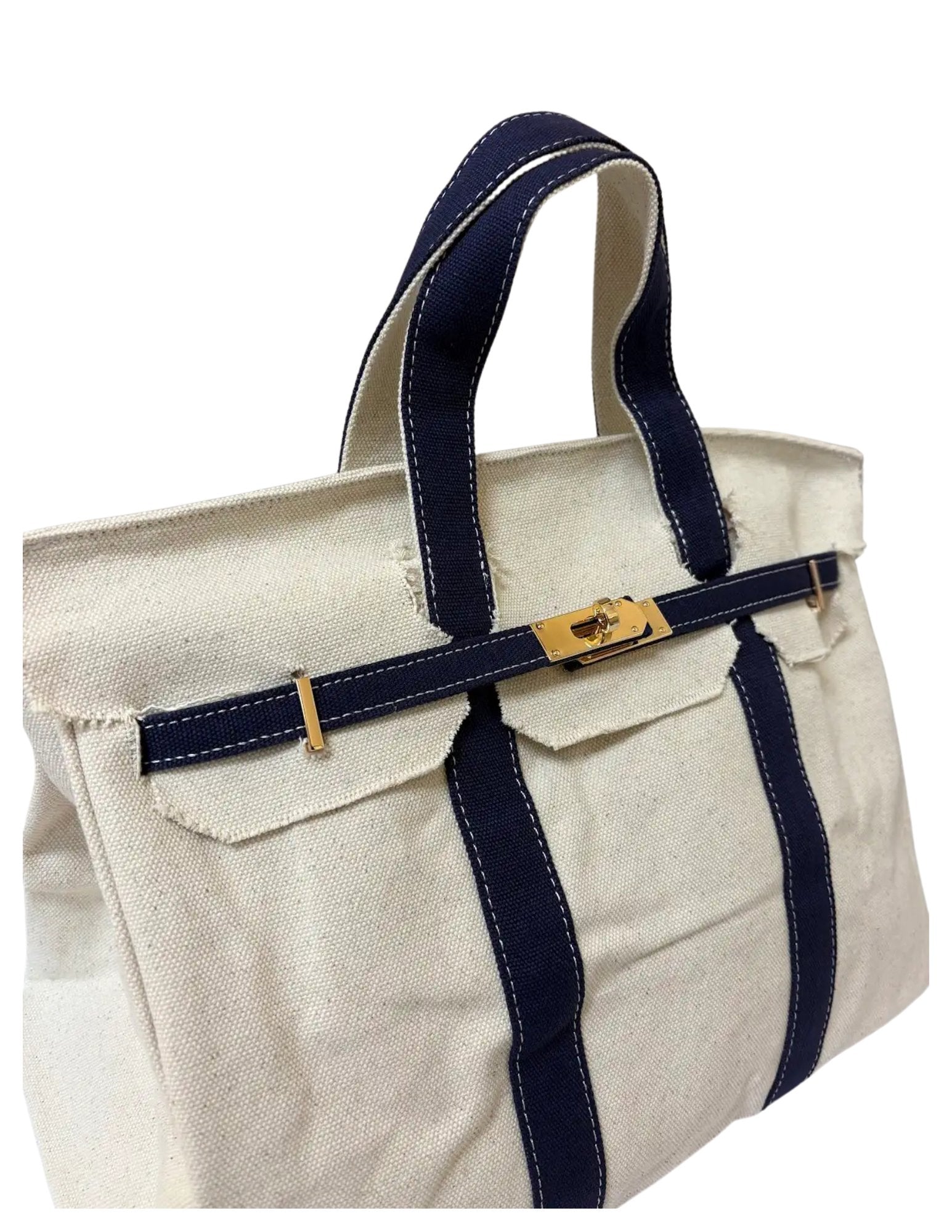 Cavas Tote Bag w/ Gold Buckle Hardware Navy Trim Tote & Satchel Runway Athletics 