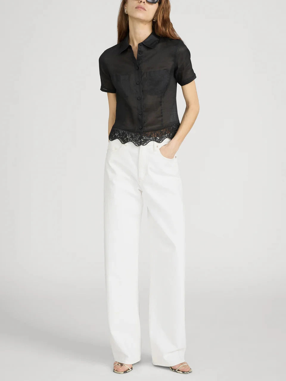 Embroidered Seaside Top Black Tops - Button Down Frame 