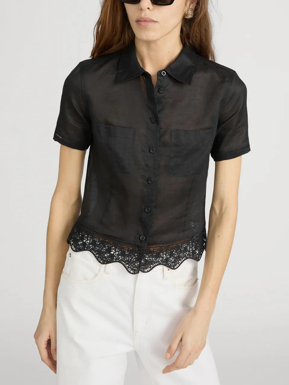 Embroidered Seaside Top Black Tops - Button Down Frame 