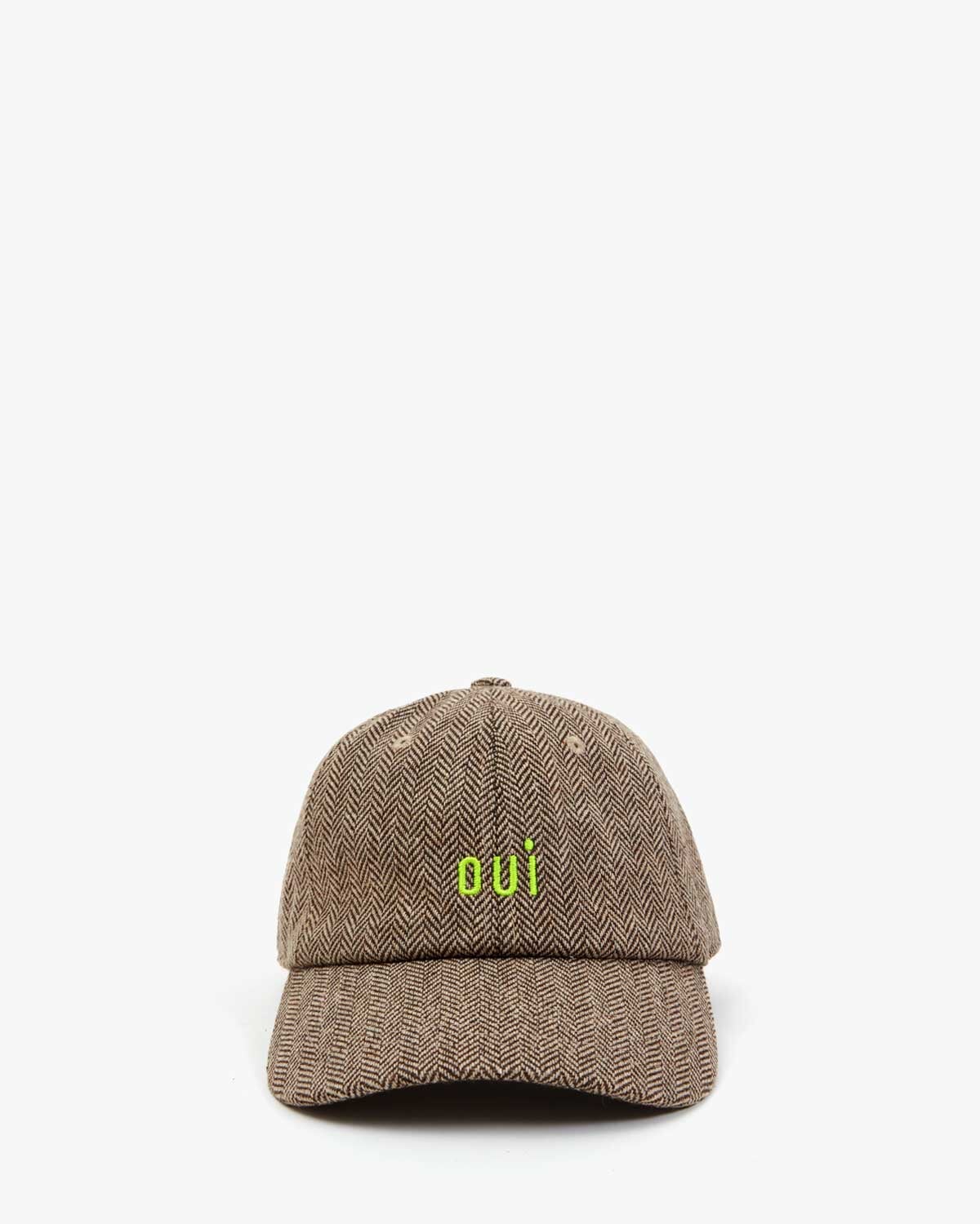 Wool Baseball Hat Taupe w/ Neon Yellow Embroidered Oui Hats Clare V. 