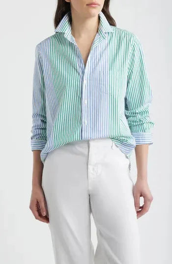 Eileen Relaxed Button Up Shirt Green/Blue Stripe Tops - Button Down Frank & Eileen 