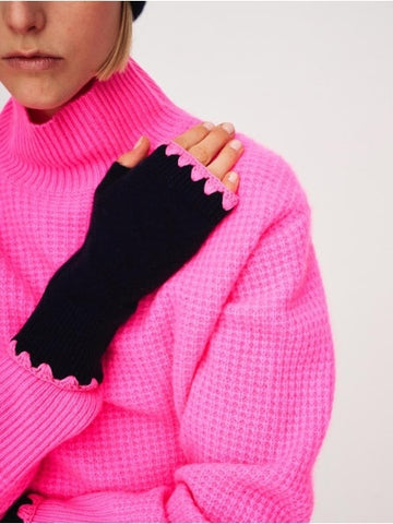 Cashmere Crochet Trim Handwarmer Navy/ Pink Accessories - Gloves White + Warren 