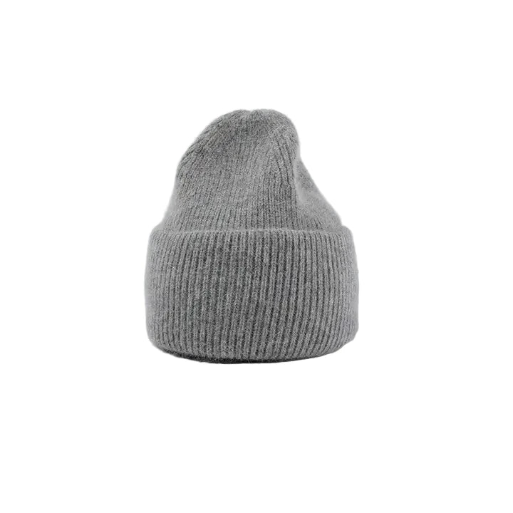 Gray knit beanie on a light gray background