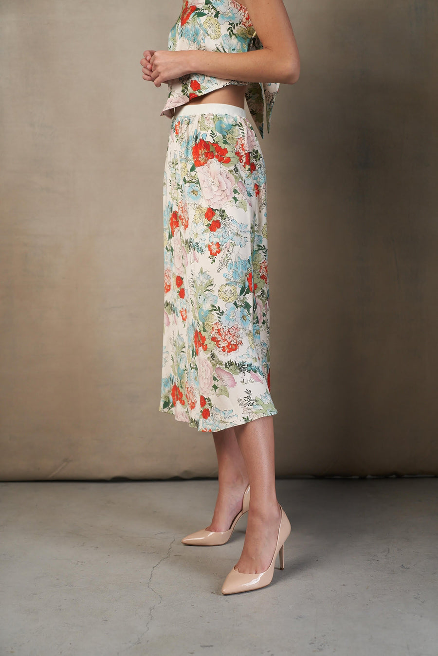 Satin Midi Skirt Asian Flower Skirts - Midi Rose & Crown 