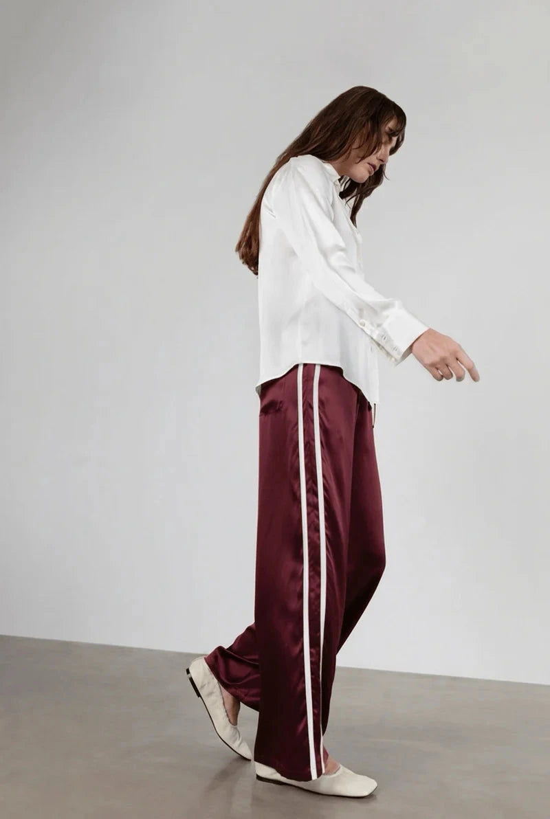 Sporty Silk Track Pants Atelier Burgundy White Double Stripes Pants - Trousers ANAPHE 