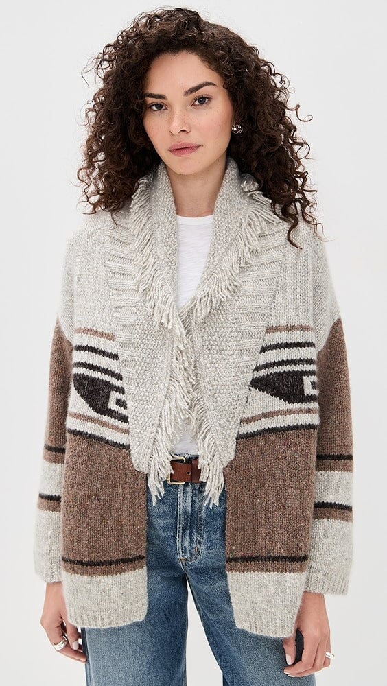 Southwest Fringed Shawl Collar Throw Brownie/Neutral Sweater - Cardigans Autumn Cashmere 