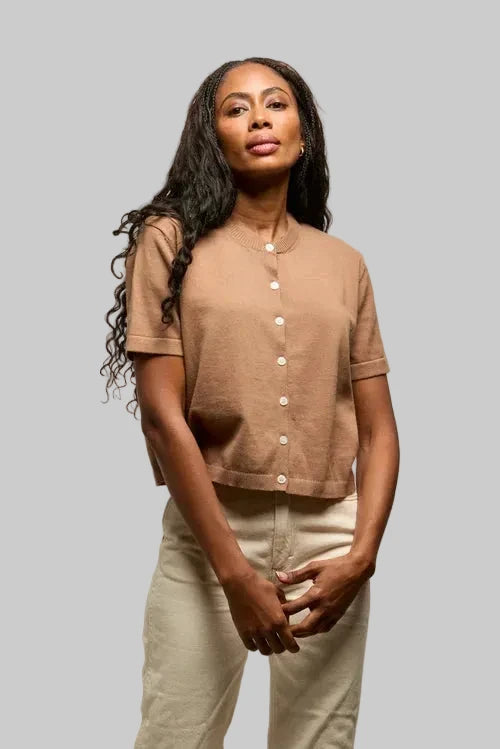 Maude Short Sleeve Cardigan Mocha Sweater - Cardigans perfectwhitetee 