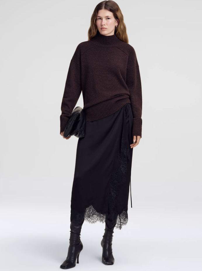 Bree Satin and Lace Midi Skirt Black