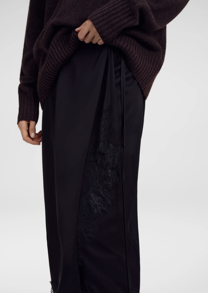 Bree Satin and Lace Midi Skirt Black