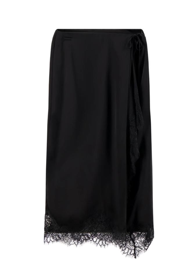 Bree Satin and Lace Midi Skirt Black