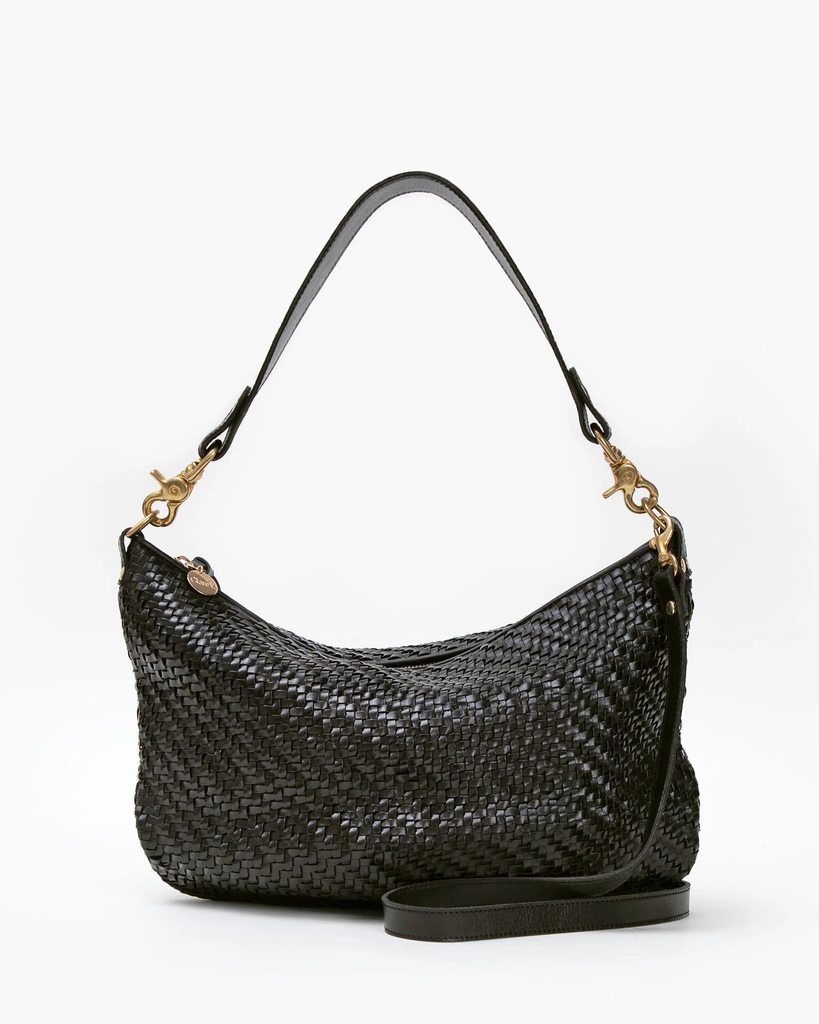 front view of the Clare v Moyen Messenger Black Woven Zig Zag on a white background