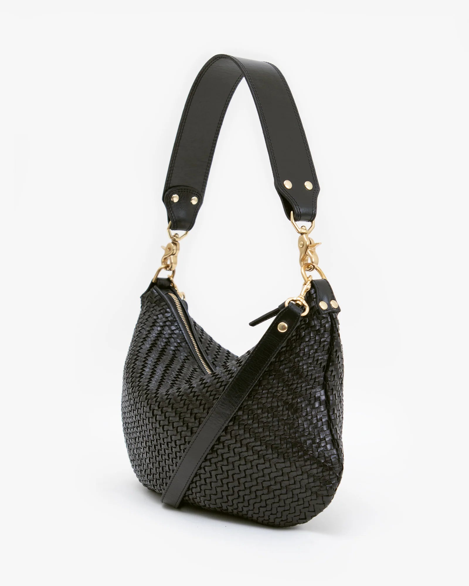 side view of the Clare v Moyen Messenger Black Woven Zig Zag on a white background