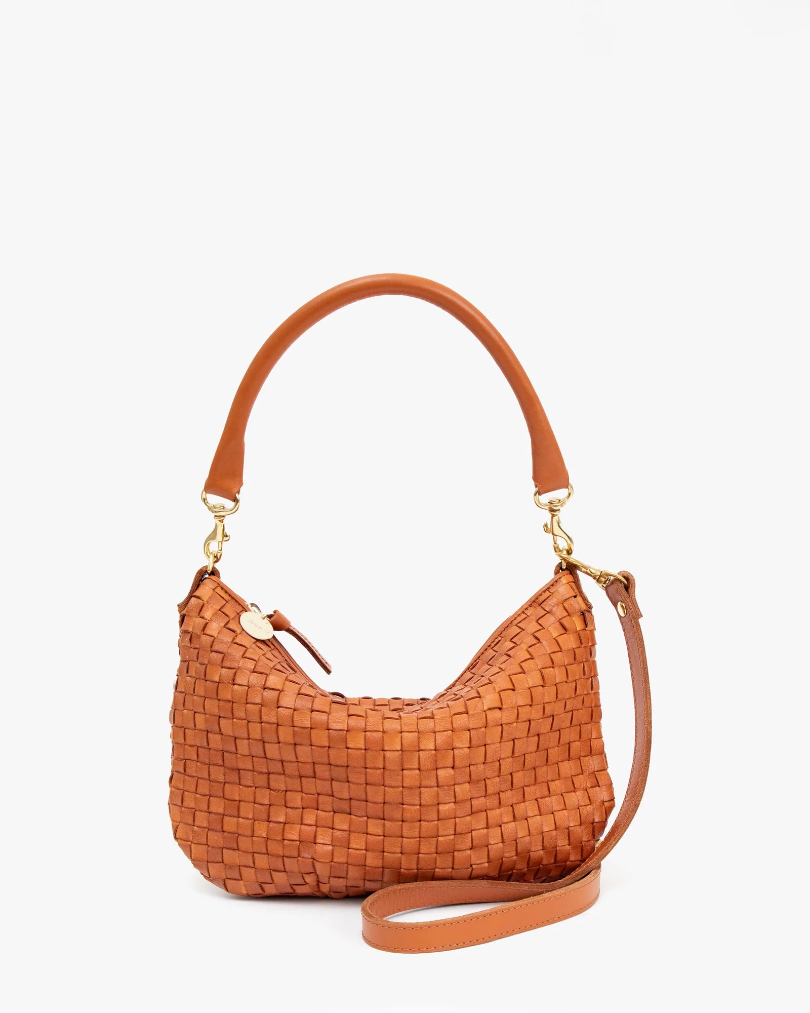 front view of the Clare v Petit Moyen Messenger Natural Woven Checker on a white background