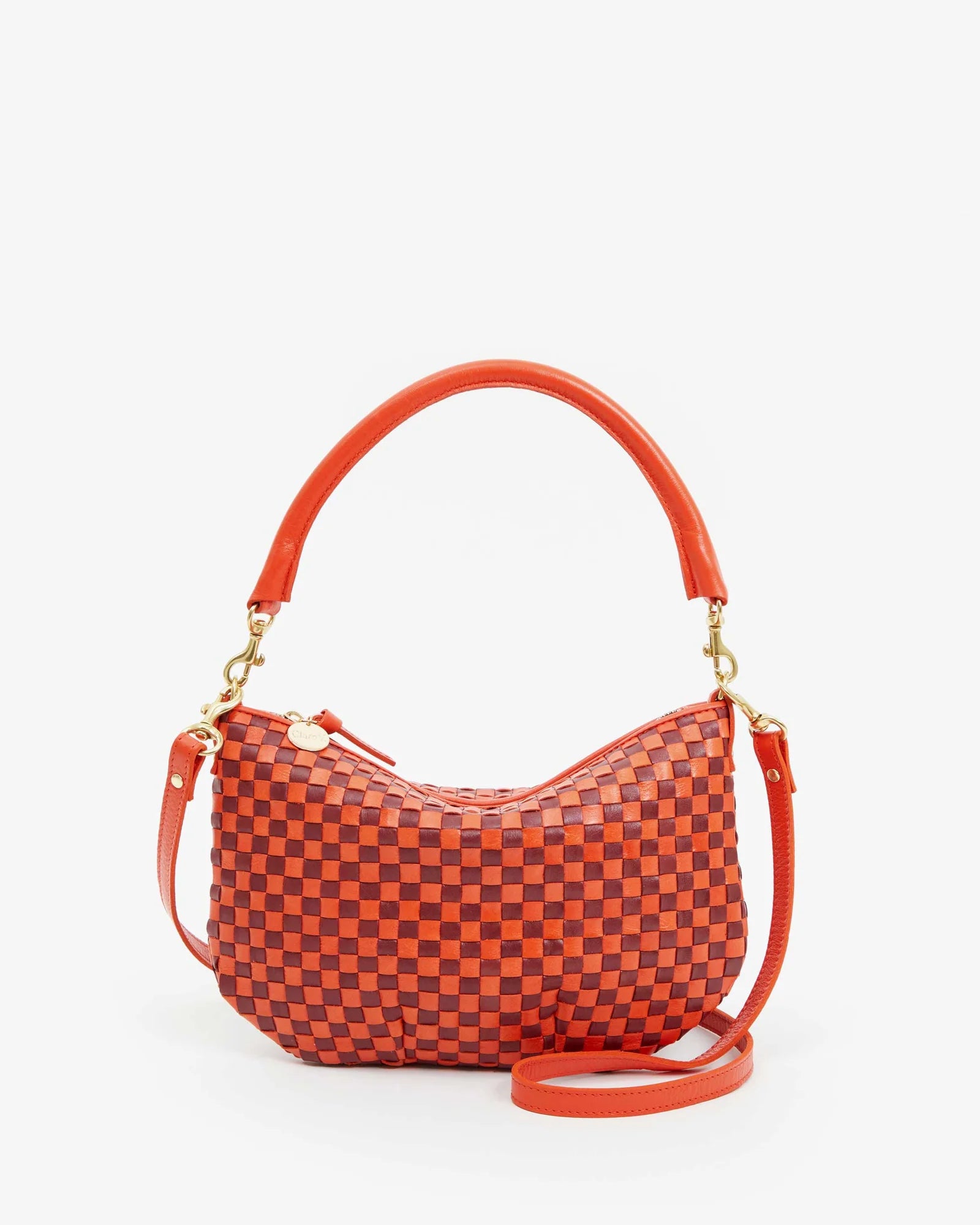 front view of the Clare v Petit Moyen Messenger Bright Poppy/Bordeaux Woven Checker on a white background