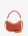 front view of the Clare v Petit Moyen Messenger Bright Poppy/Bordeaux Woven Checker on a white background