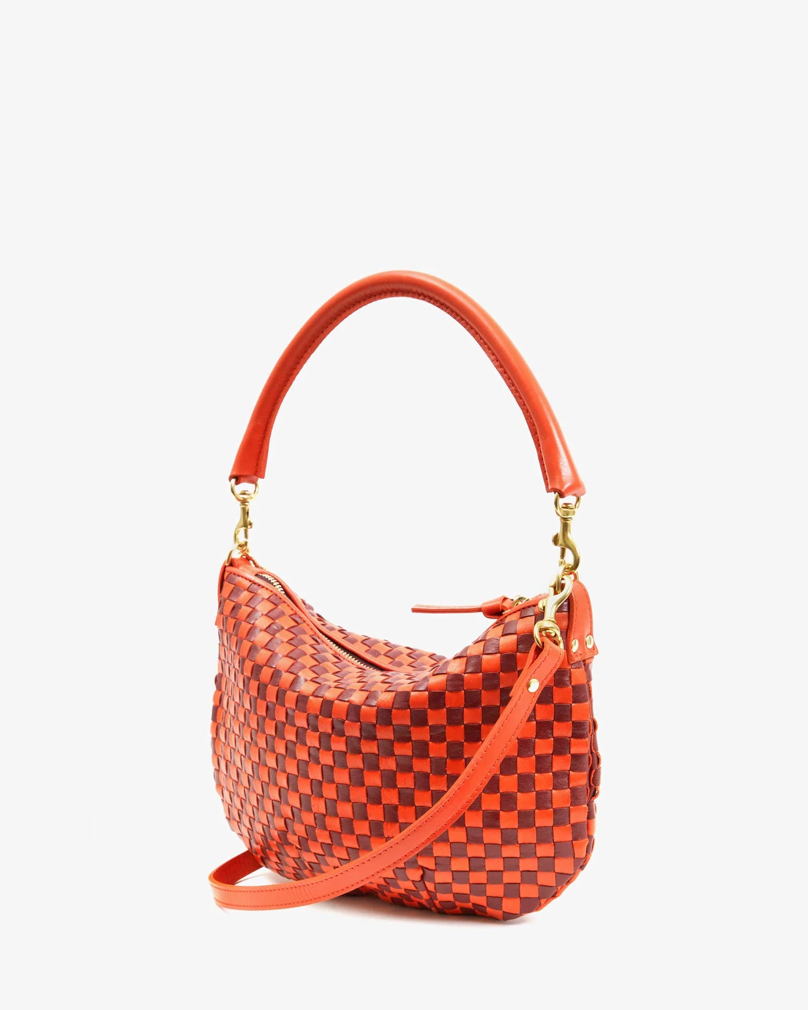 side view of the Clare v Petit Moyen Messenger Bright Poppy/Bordeaux Woven Checker on a white background