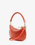 side view of the Clare v Petit Moyen Messenger Bright Poppy/Bordeaux Woven Checker on a white background