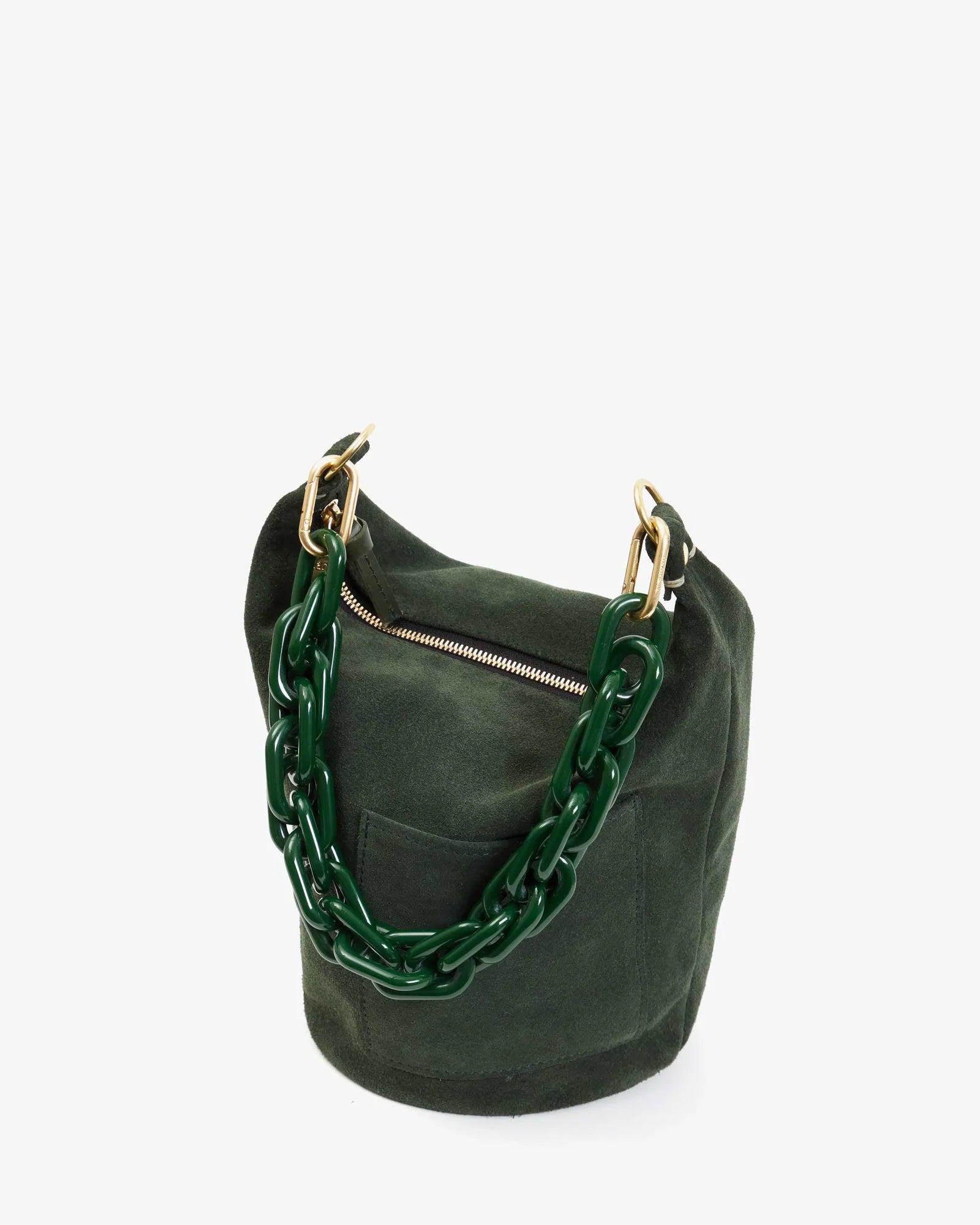 side view  of the Clare v Petite Jeanne Loden Suede on a white background with a chunky green chain strap