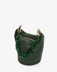 side view  of the Clare v Petite Jeanne Loden Suede on a white background with a chunky green chain strap