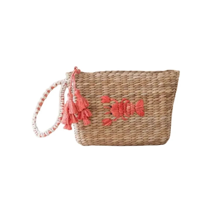 Mini Woven Pouch with Wristlet and Embroidered Lobster