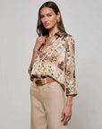 Dani Silk Blouse Tan Multi Western Cards Tops - Button Down L'Agence 