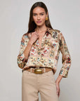 Dani Silk Blouse Tan Multi Western Cards Tops - Button Down L'Agence 