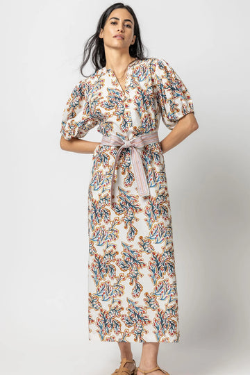 Split Neck Full Sleeve Maxi Dress Spring Watercolor