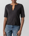 Cuffed Sleeve Split Neck Black Tops - Blouses Lilla P 