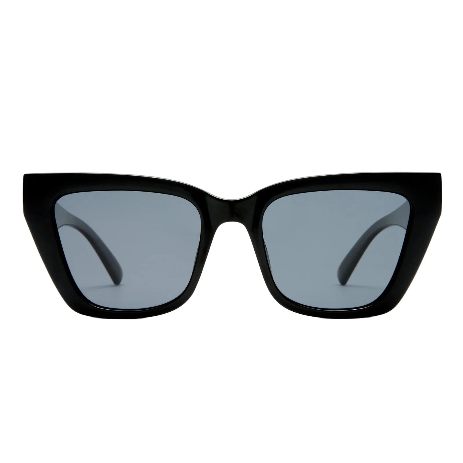 Black cat-eye sunglasses with gray lenses on a light gray background