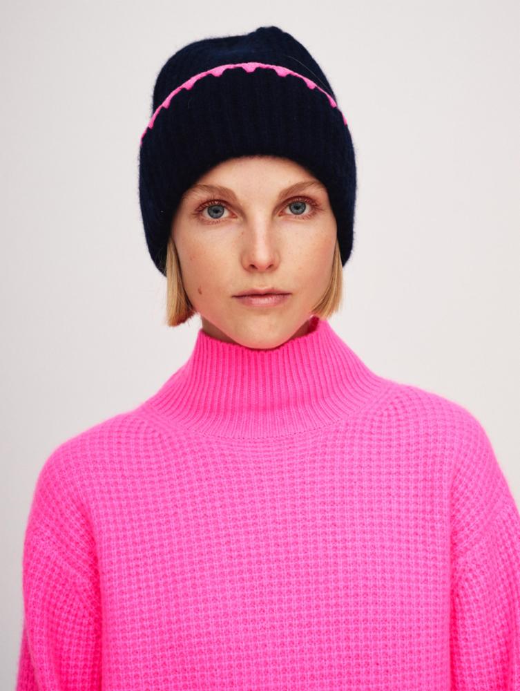 Cashmere Crochet Trim Luxe Ribbed Beanie Navy/ Pink