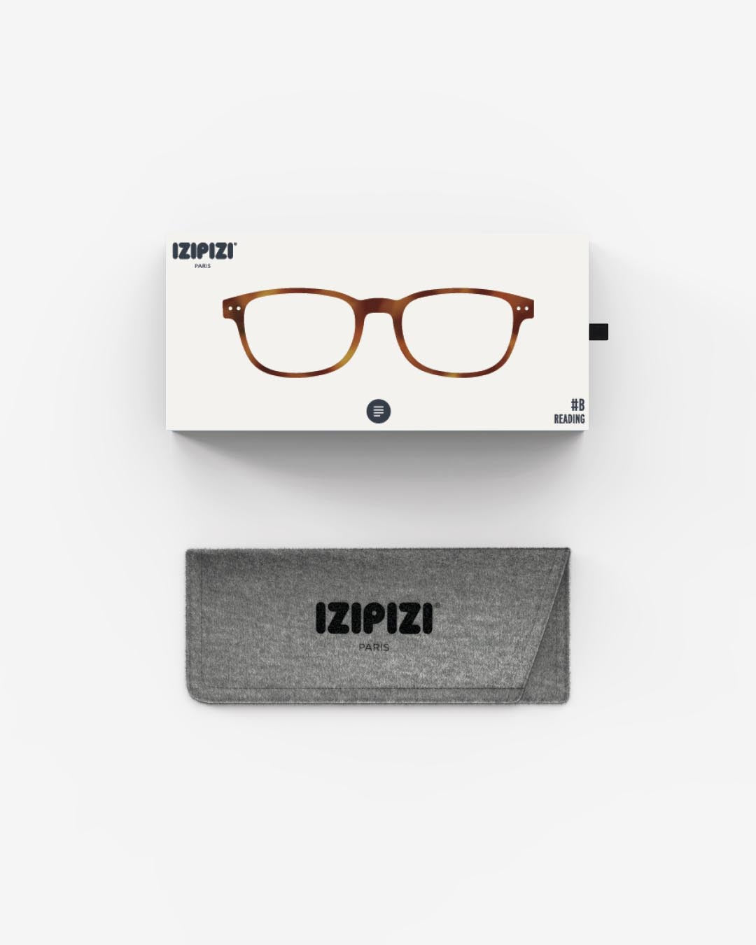 izipizi reading glasses #b havane in their box with the protective case on white background