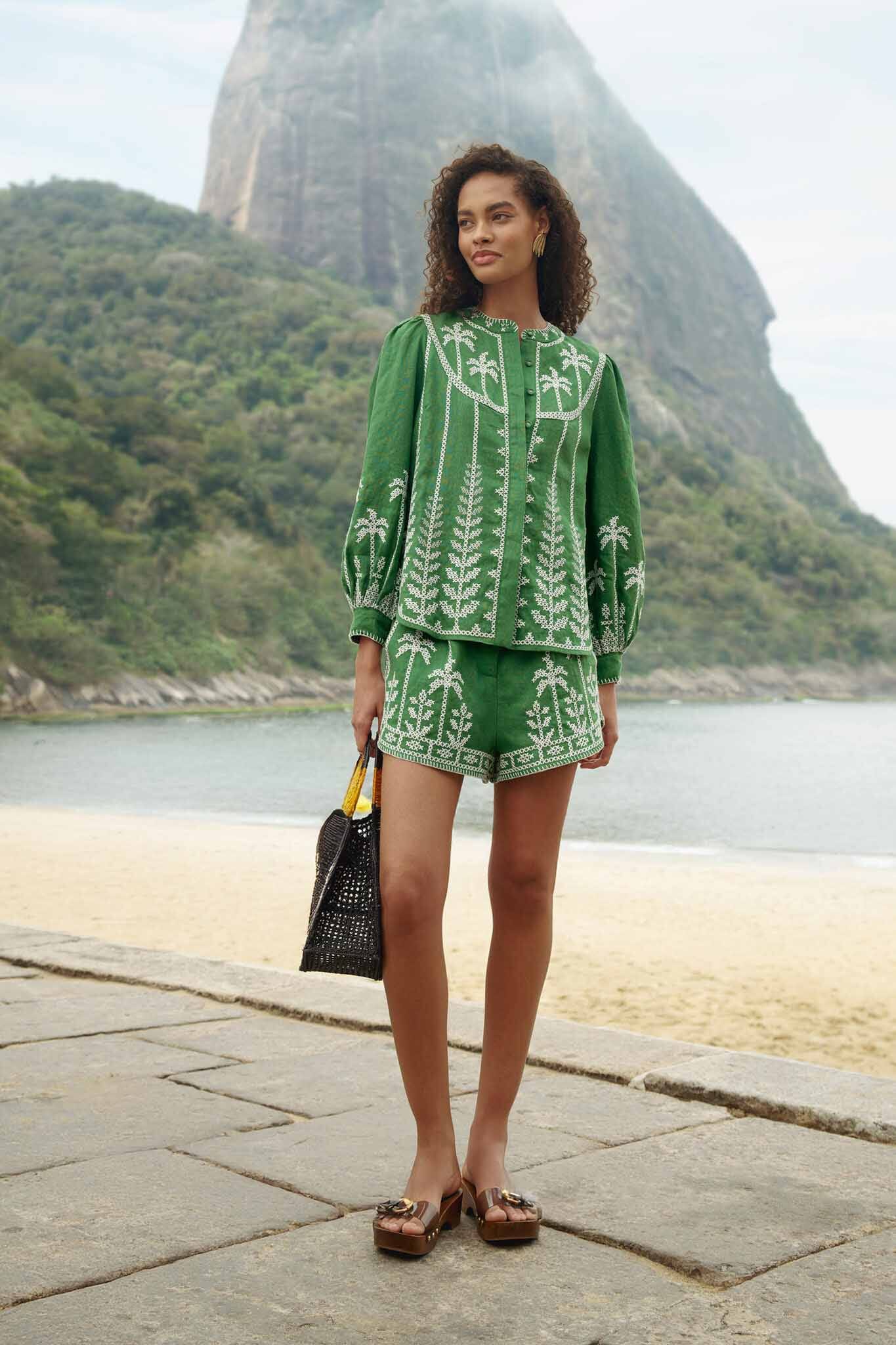 Cross Stitch Embroidery Shorts Green Shorts Farm Rio 