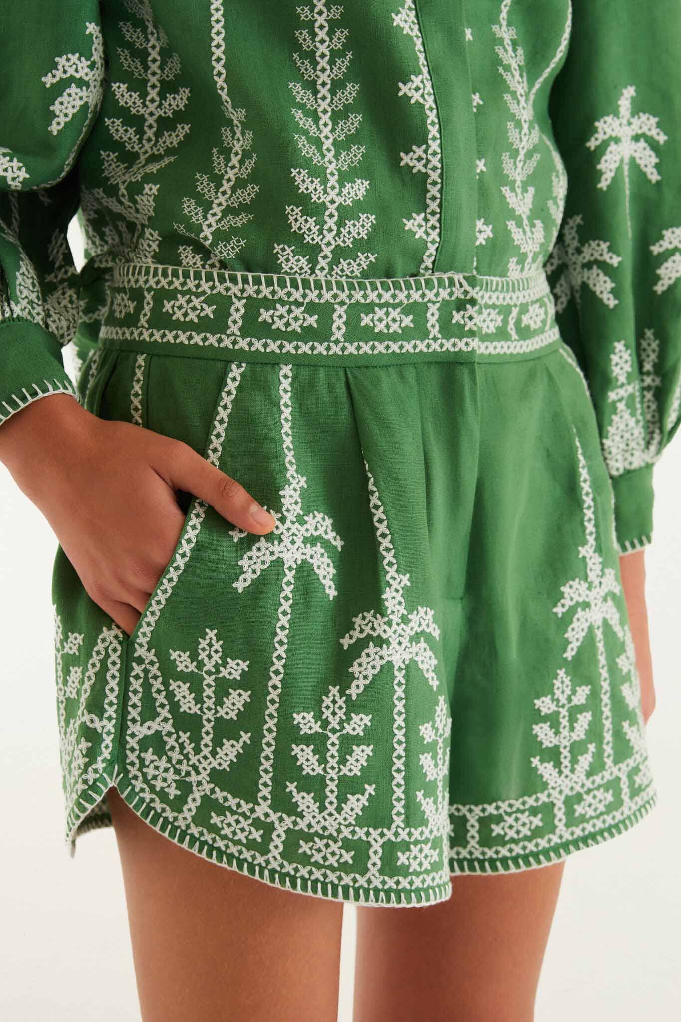 Cross Stitch Embroidery Shorts Green Shorts Farm Rio 