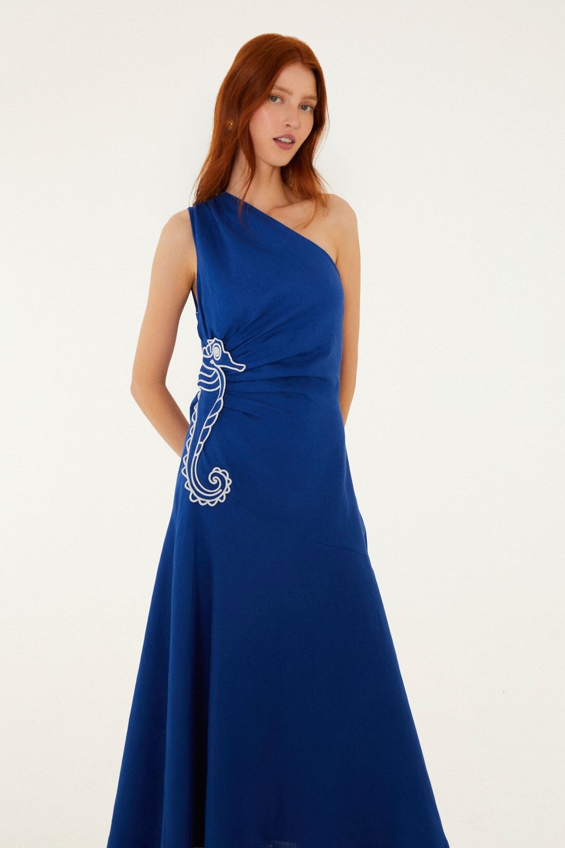 Seahorse Embroidery One Shoulder Maxi Dress Blue Dresses - Maxi Farm Rio 
