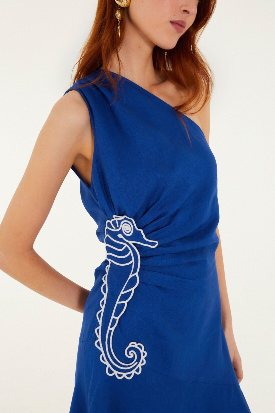 Seahorse Embroidery One Shoulder Maxi Dress Blue Dresses - Maxi Farm Rio 