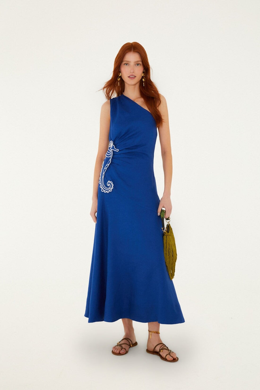 Seahorse Embroidery One Shoulder Maxi Dress Blue Dresses - Maxi Farm Rio 